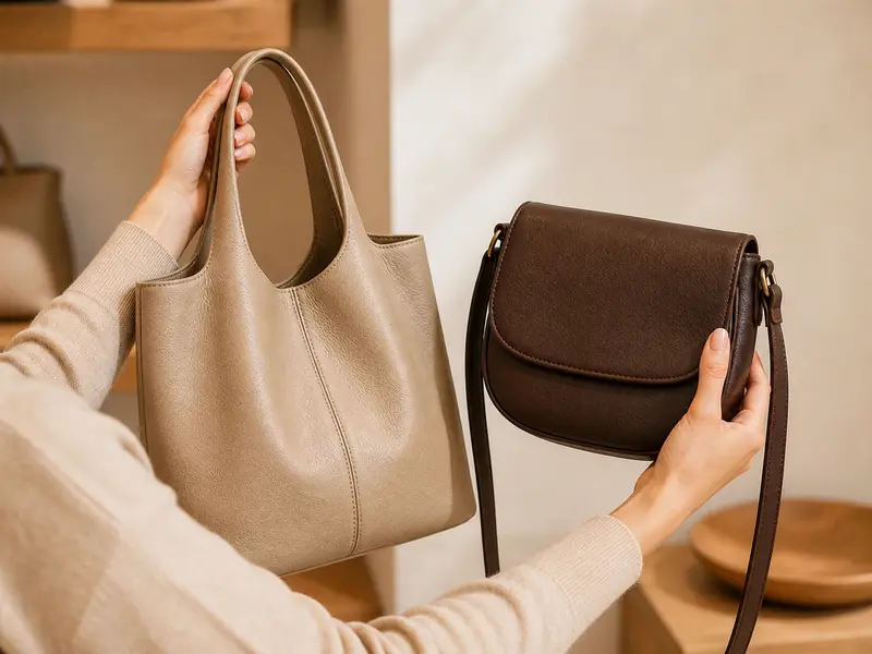 Frau wählt zwischen mehreren Misako Taschen im Geschäft
